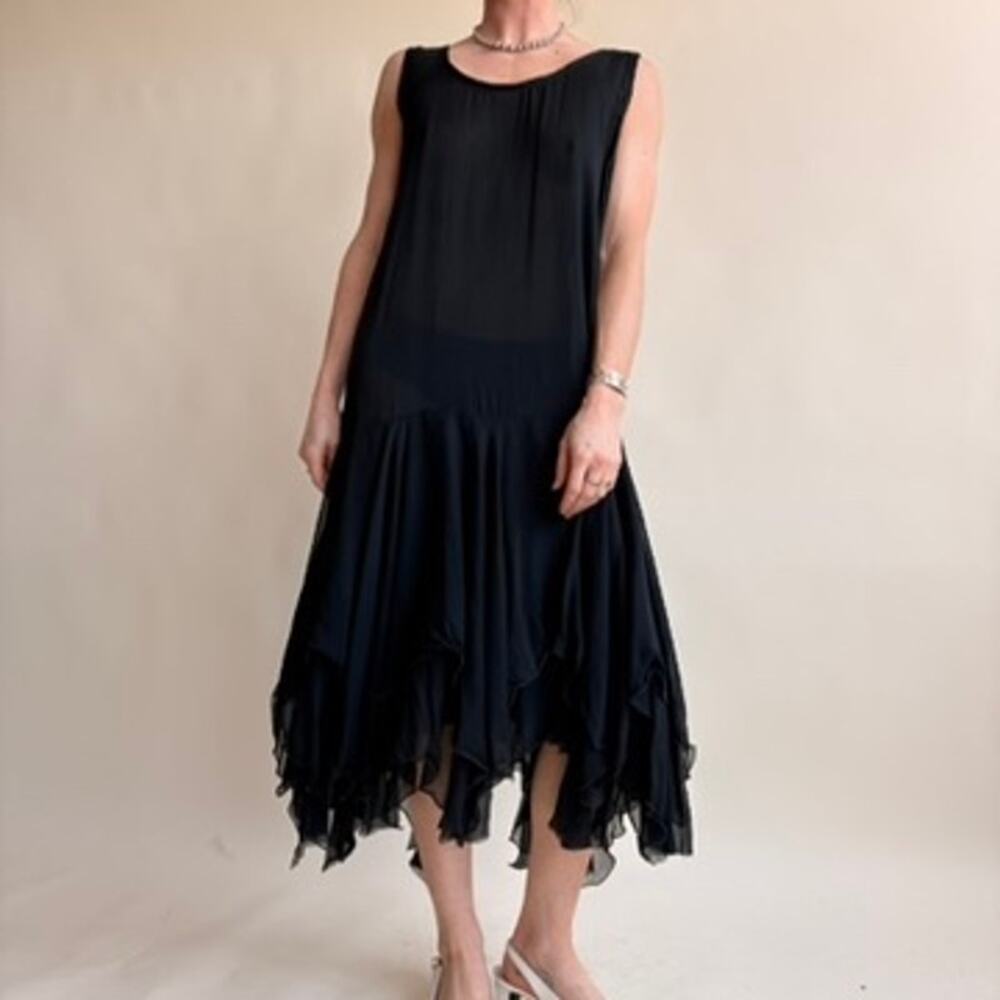 Black Tiered Asymmetrical Maxi Dress - Sheer, Scoop Neck, 100% Rayon, Size M